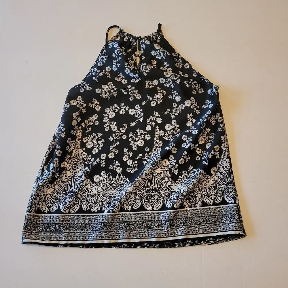 Renee C Black Floral Halter Top Size S Paisley Border Boho Y2K Indie Festival